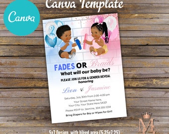 Fades or Braids Gender Reveal Invitation! Edit Yourself! Canva Template! Canva Invitation! Light Blue and Pink!