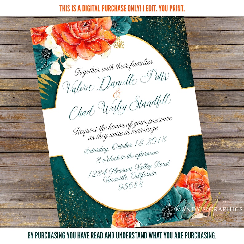Orange and Teal Wedding Invitation and RSVP Fall Wedding