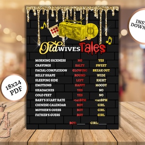 Beauty or Beats Gender Reveal Old Wives Tales! Old Wives Tales Sign Design! Yellow, Red and Gold! 11x14 and 18x24