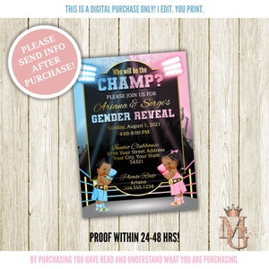 Boxing Gender Reveal Invitation, Light Blue, Light Pink and Gold!