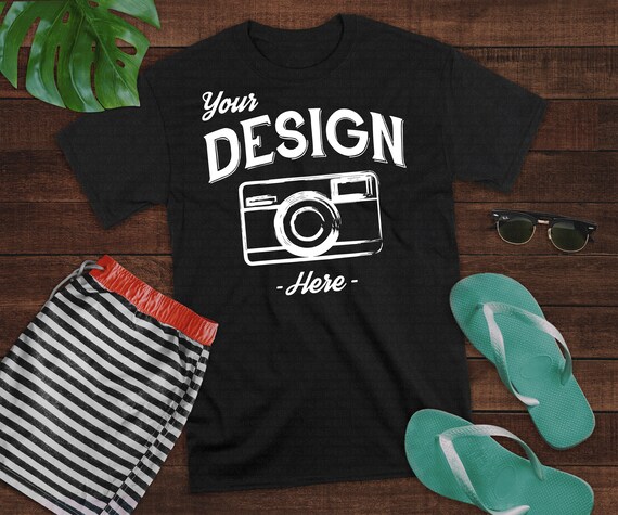 Summer Tshirt Mockup On Wood Mens Black Shirt Swim Shorts Etsy