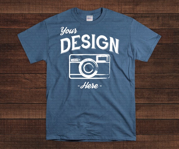 Indigo Blue Gildan 5000 Mock Up Wooden Background Tshirt Etsy