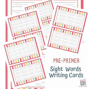 Puede incluir: Conjunto de 10 tarjetas de escritura de palabras de vista pre-primarias imprimibles con un diseño a rayas de colores. Cada tarjeta presenta una palabra de vista diferente con líneas para practicar la escritura.