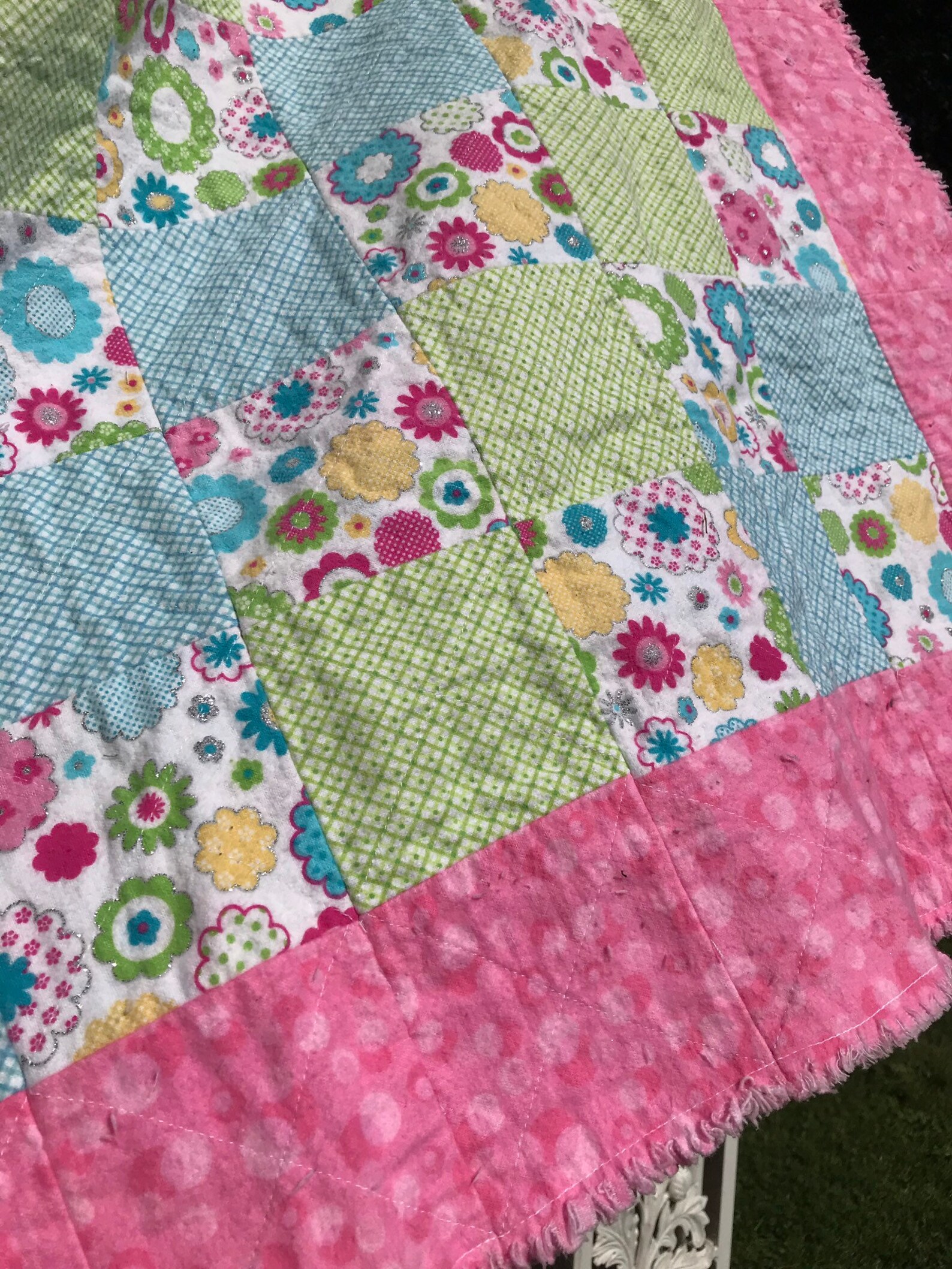 Pink Flower Girls Quilt/pink Glitter Rag Quilt// Girl Crib Etsy