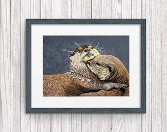 Otter Art Print - Otter Art - Otter fine art print 'Loyalty' - Otter gift - Otter gift set - Otter Couple - Otter hug - Otter gift