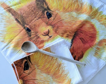 Red Squirrel tea towel - 100% cotton made in the UK - Squirrel tea towel - Wildlife tea towel by Scottish artist Lynsey Isles
