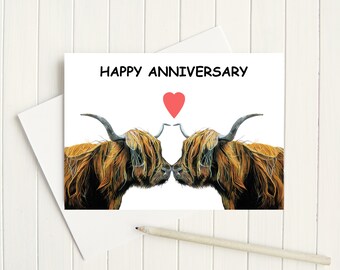 Fun Happy Anniversary, highland cows, husband anniversary, wife anniversary, paper, Ruby, stone, wood, leather, tin, crystal years