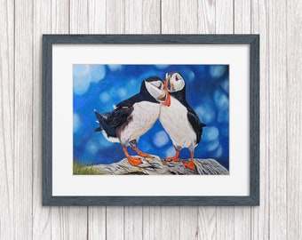 Puffin wall art hanging 'A Puffin Perfect Pair', Puffins art print, bird prints, new home gift, beach decor, seaside style