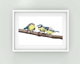 Blue Tit family art print - garden birds wall art - bird wall decor - wild bird art - conservatory wall decor - sun room decor - A5, A4, A3