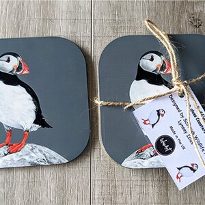 Puffin high gloss drinks coaster set, Puffins coaster, Sea bird gift set, Beach style ware, Puffin coasters gift 1, 2,4 or set of 6 image 1