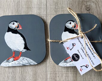 Puffin high gloss drinks coaster set, Puffins coaster, Sea bird gift set, Beach style ware,  Puffin coasters gift 1, 2,4 or set of 6