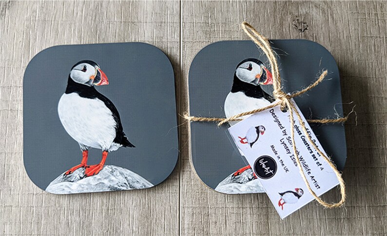 Puffin high gloss drinks coaster set, Puffins coaster, Sea bird gift set, Beach style ware, Puffin coasters gift 1, 2,4 or set of 6 image 1