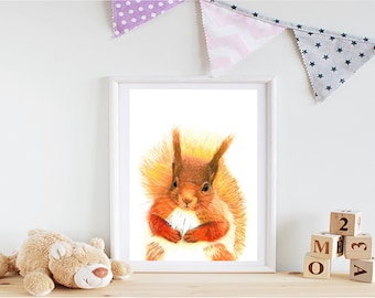 Squirrel art - Squirrel print - nursery wall art - red squirrel nursery - squirrel wall art - squirrel print - nursery print - A5, A4, A3