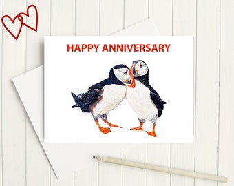 Puffin Happy Anniversary card, fun Happy Anniversary card, sending love, send love, for him, for her