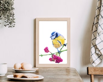 Blue Tit art print - garden bird wall art - bird wall decor - wild bird art - conservatory wall decor - sun room wall art - sun room decor