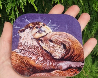 Otter couple high gloss drinks coasters, Otters coaster gift, quantites of 1, 2,4 or set of 6