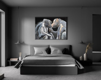 Loving Monkey couple fine art print, Monkey wall art, couples decor, gift for newly weds, engagement present, anniversary celebration