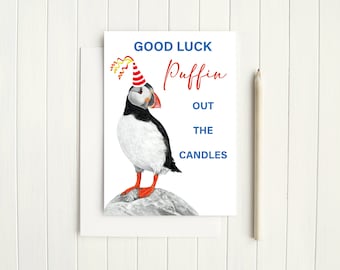 Fun puffins birthday card, Good luck Puffin out the candles, Puffin cards, funny bird lover birthdays, greeting card for her