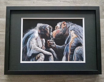 Monkey couple fine art print framed, wedding gift, engagement present, just married, newly wed, Valentine, sent with love, anniversary