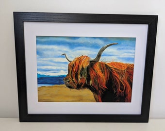 Cow art - Highland cow A4 print with mount and frame - highland cattle art - highland cow art - cattle art - hairy cow art