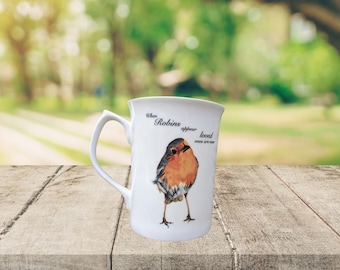 When Robins appear loved ones are near fine bone china mug, in loving memory, bird symbol sympathy, thinking of you