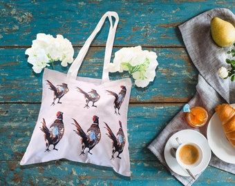 Pheasant cotton tote bag, pheasants eco bags, country style pattern, birds reusable shopping bag