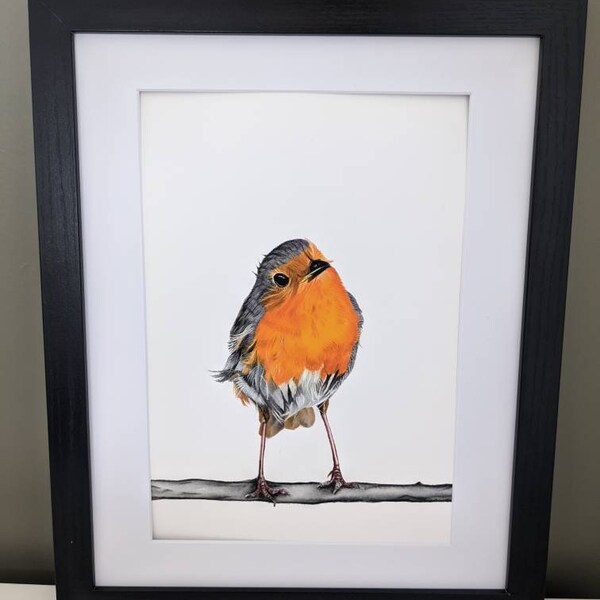 Art encadré Robin Redbreast, imprimé d'art d'oiseau A4 encadré, signé par l'artiste avec un certificat d'authenticité