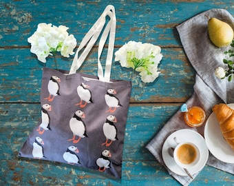 Puffin cotton tote bag,Puffins eco bag, reusable eco bag, plastic free shopping, birds carrier