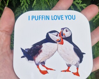 I Puffin love you high gloss drinks coaster set, Puffin couple coaster, Beach style ware,  Puffins coasters gift 1, 2,4 or set of 6