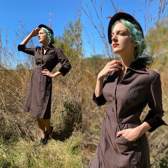 Vintage 1940’s Brown & White Pinstripe Dress/Velve