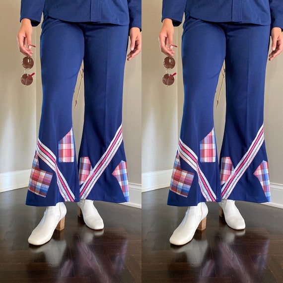 1970's Pantsuit Patchwork Print Dagger Collar Wide