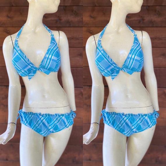 Super Cute 1960's Blue & White Gingham Plaid Bikin