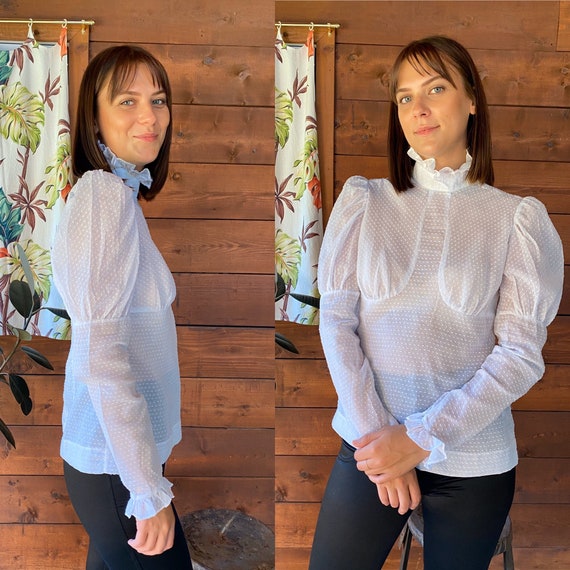 Vintage Sheer White Dotted Swiss Blouse Puffed Sho