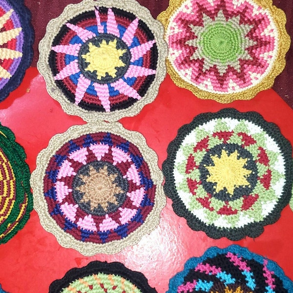 Cotton crocheted textile handmade Coaster -ROUND MULTICOLOR COASTER-