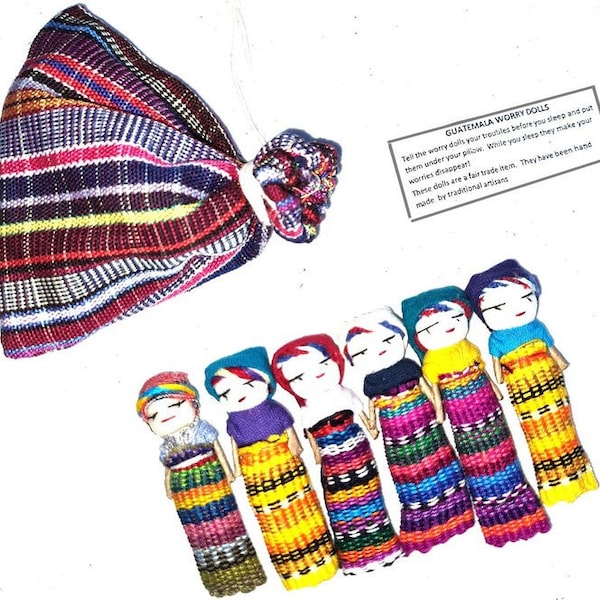 Guatemalan Artisans Two Inches 6 WORRY DOLLS in a POUCH Available In Multiple Options -  Woven Fabric Clothing Traditional Dolls