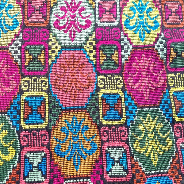 Unique Guatemala handmade weaved cotton multicolor Zunil Corte - fleur de lys and Mayan stones- Fabric per yard-