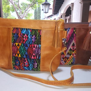 Aesthetic Woman Guatemalan Leather Huipil CROSSBODY Wristlet CLUTCH PURSE - 100% Cotton Lining Purse