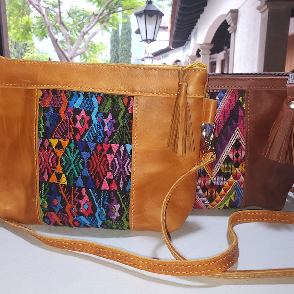 Ästhetische Frau Guatemalteken Leder Huipil CROSSBODY Armband CLUTCH GELDBÖRSE - 100% Baumwolle Futter Geldbörse