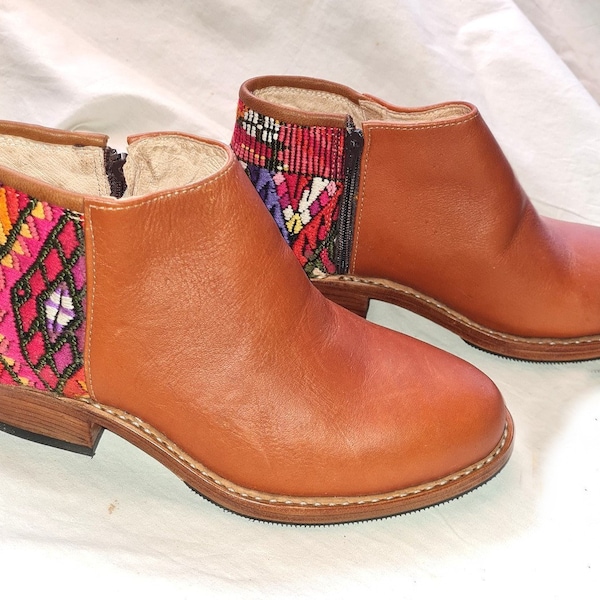 Custom Huipil Pattern GUATEMALAN Authentic LEATHER Ankle BOOTS For Women - Geniune Leather & Rubber Outsole Zipper Shoes