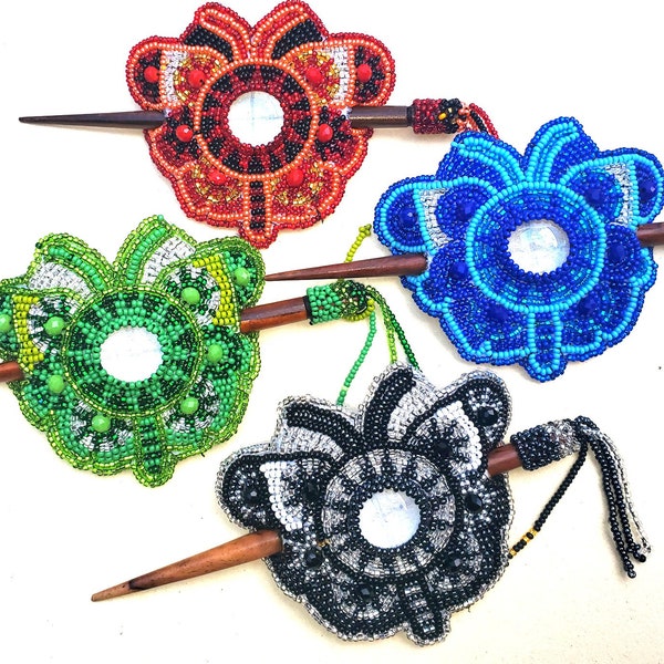Czech Seed BEADS Hair Accessory CLIP BARRETTE Guatemala With Wooden Stick For Women  - Aesthetic Leather Hair Stick Barret Clip