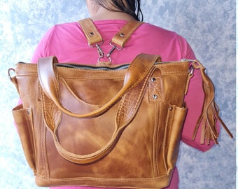 Tan Genuine LEATHER CONVERTIBLE BACKPACK Bag - Aesthetic Full Grain Leather Handles cross body And Handbags
