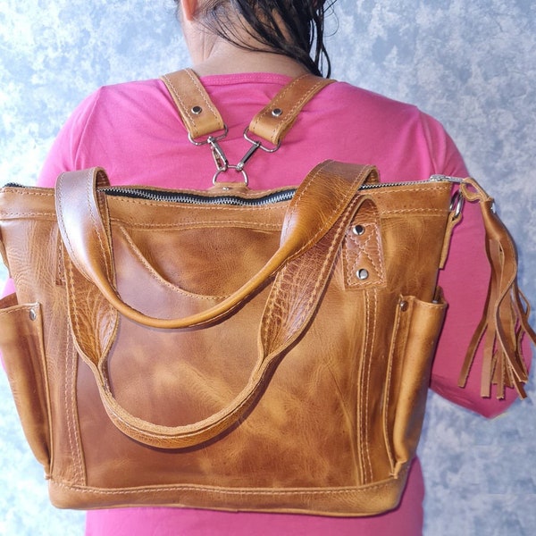 Tan Genuine LEATHER CONVERTIBLE BACKPACK Bag - Aesthetic Full Grain Leather Handles cross body And Handbags