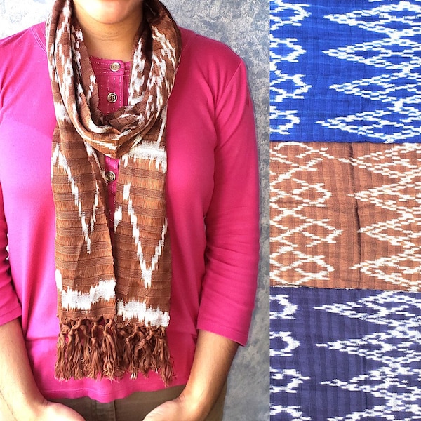 Handmade Guatemalan light weight cotton ikat  scarf with fringes