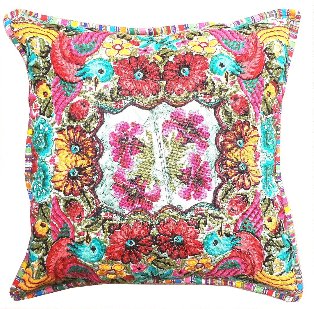 Guatemalan Upcycled Floral and Birds Huipil Pillow Case Cushion Cover