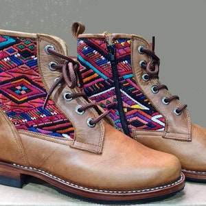 Custom Huipil Pattern GUATEMALAN Authentic LEATHER Lace Up BOOTS For Women - Geniune Leather & Rubber Outsole Zipper Shoes