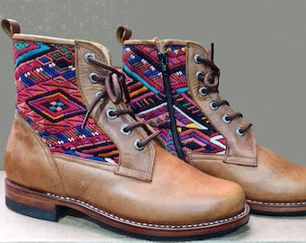 Custom Huipil Pattern GUATEMALAN Authentic LEATHER Lace Up BOOTS For Women - Geniune Leather & Rubber Outsole Zipper Shoes