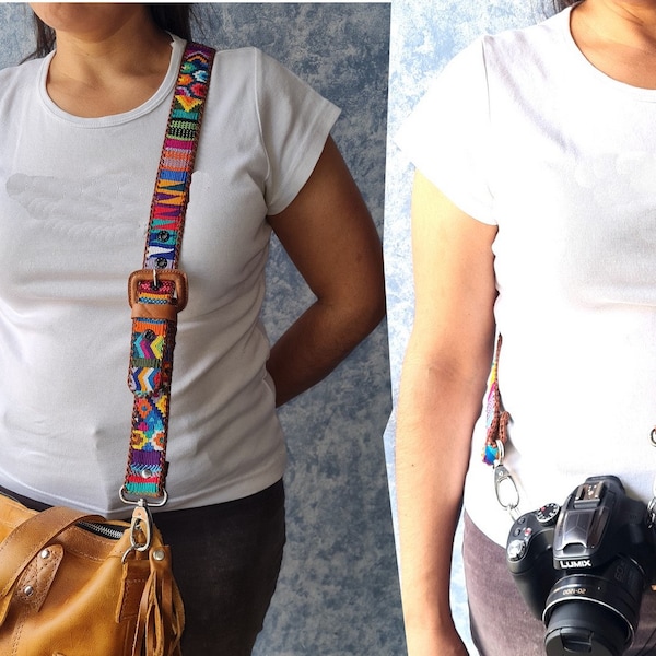 Guatemalan handmade braided authentic leather weaved silk camera/bag strap