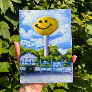 Midwest Water Tower | Acrylic Painting | Unique Wall Art | Cute Home Décor | Landscape Art | Smiley Face Painting