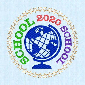 May include: Embroidered design with a blue globe, the year 2020 in red, and the word "SCHOOL" in green and purple. The design is encircled by gold stars on a light blue background. Ideal for back-to-school.