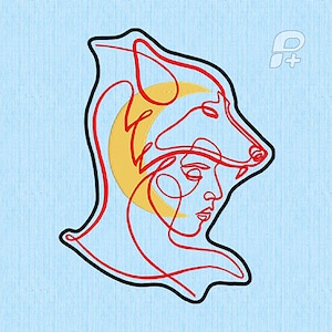 Könnte beinhalten: Linienkunst-Illustration eines Frauenkopfes mit einem Wolfs Kopf als Hut. Der Wolfskopf ist in Schwarz umrandet und rot gefüllt. Das Gesicht der Frau ist in Rot umrandet und weiß gefüllt. Der Hintergrund ist hellblau.